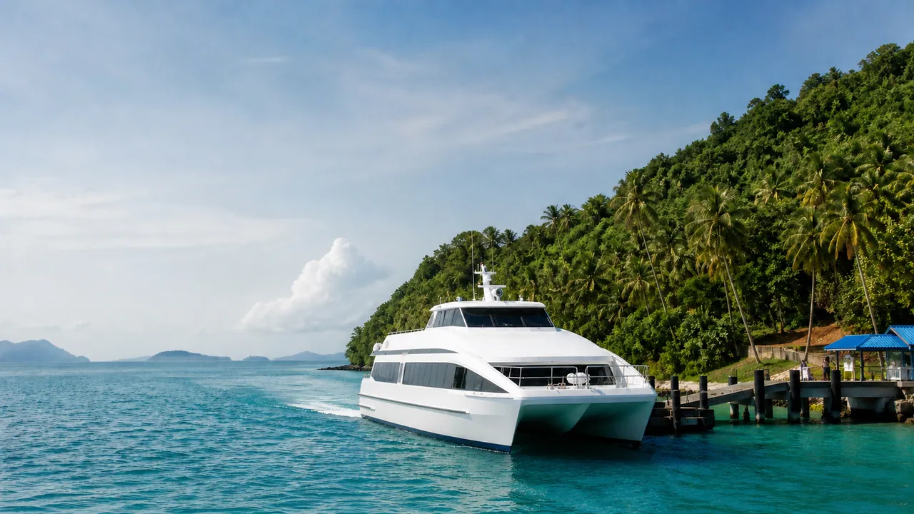 A modern passenger ferry travelling between tropical islands