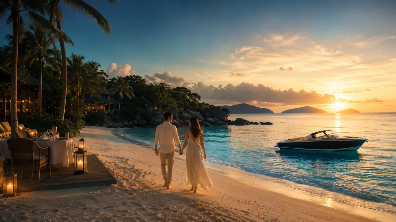 A couple looking across the Andaman Sea at sunset
